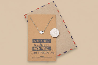 Quan Jewelry Coffee Bean Pendant Necklace and Ring, Handmade Gifts for Caffeine Lovers, Featuring Coffee Bean Charm, Comes with Quote Card, Gifts for Good Friends and Family (Silver Tone)