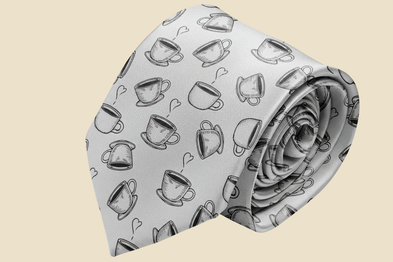Novelty Necktie for Men (Coffe Cup  Pattern) Fun Conversational Silky Tie, Neck Tie for Party, Events, Unique and Original