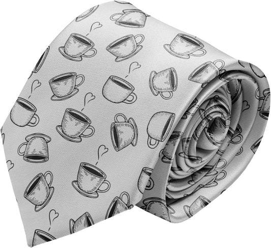 Novelty Necktie for Men (Coffe Cup  Pattern) Fun Conversational Silky Tie, Neck Tie for Party, Events, Unique and Original