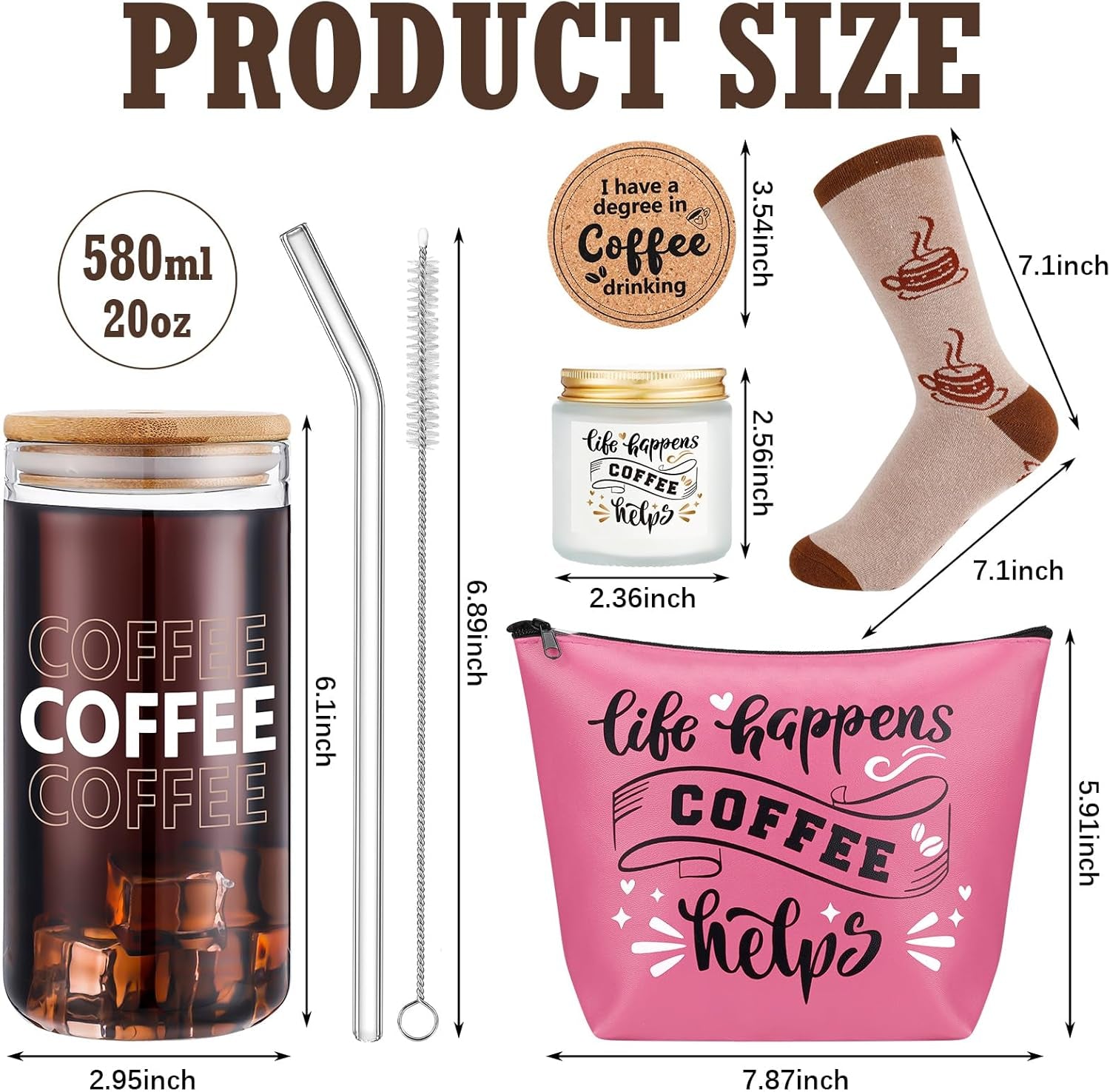 Coffee Lovers Gifts Set - 20 Oz Iced Drink Cups with Lids and Straws round Cork Coaster, Socks, Makeup Bag, Candle Jar