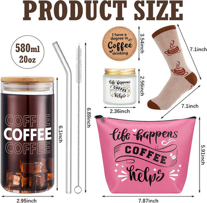  Coffee Lovers Gifts Set - 20 Oz Iced Drink Cups with Lids and Straws round Cork Coaster, Socks, Makeup Bag, Candle Jar