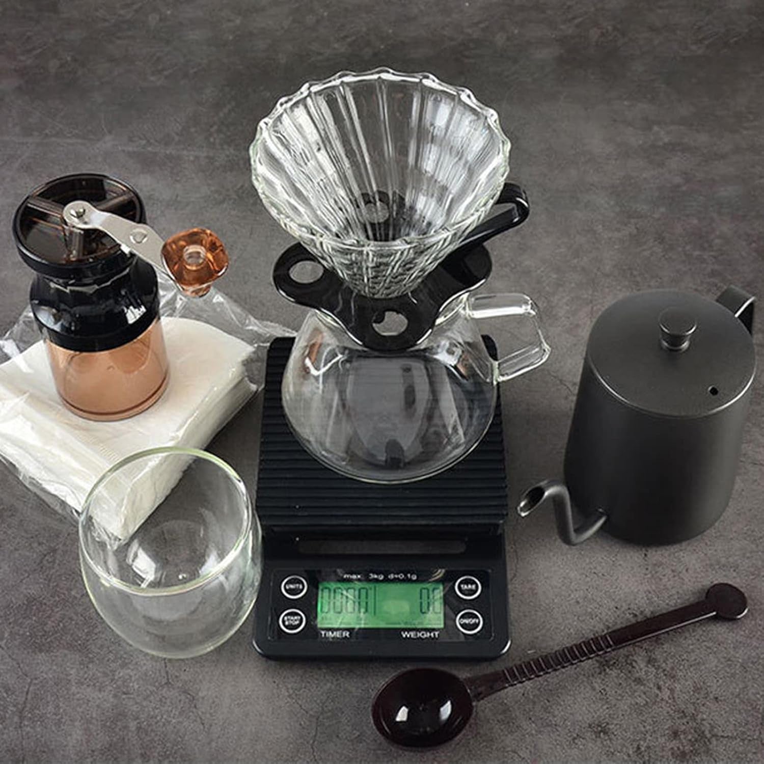 Hand Coffee Gift Set，Outdoor Camping Portable Coffee Kit Maker，Mannal Grinder, Dripper, Coffee Kettle,Glass Server, Mug&Spoon Filter and Timer Scale, Travel Bag