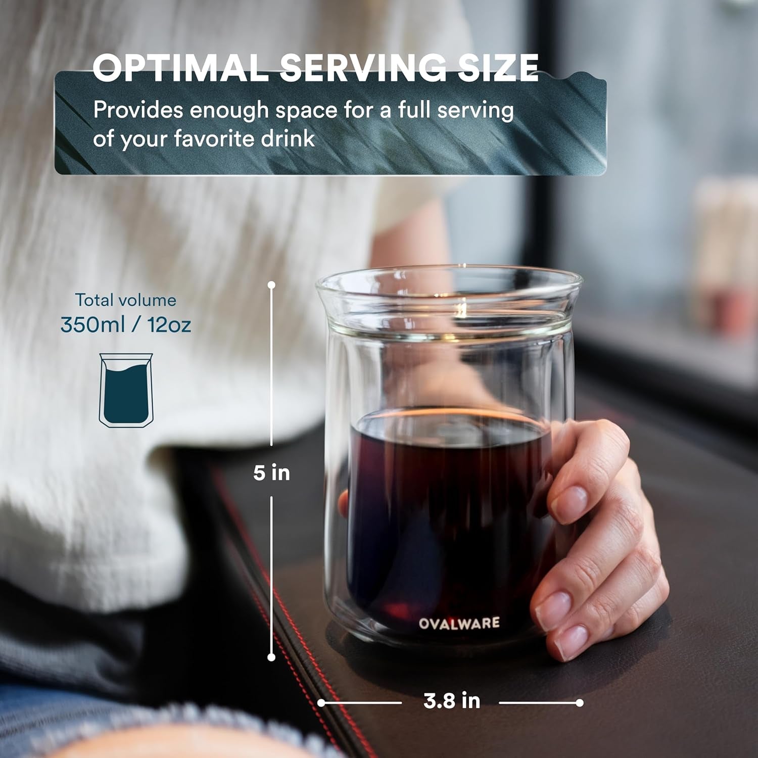 Double Wall Single Lip Insulated Glass Cup, Set of 2 (12Oz / 350Ml) - Borosilicate Glass for Coffee, Tea, Whiskey, Cocktails & All Beverages - Minimalistic & Durable Double-Wall Drinking Mug