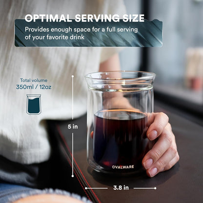 Double Wall Single Lip Insulated Glass Cup, Set of 2 (12Oz / 350Ml) - Borosilicate Glass for Coffee, Tea, Whiskey, Cocktails & All Beverages - Minimalistic & Durable Double-Wall Drinking Mug