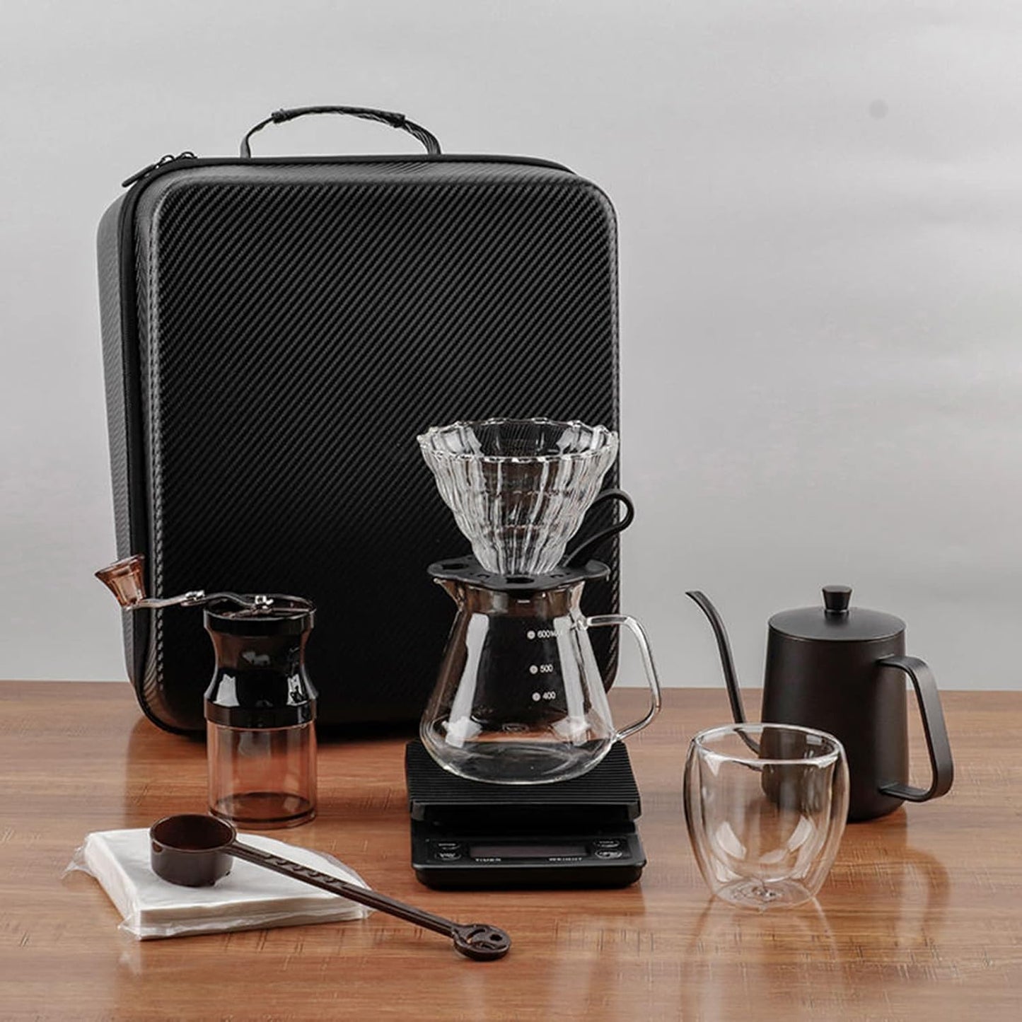 Hand Coffee Gift Set，Outdoor Camping Portable Coffee Kit Maker，Mannal Grinder, Dripper, Coffee Kettle,Glass Server, Mug&Spoon Filter and Timer Scale, Travel Bag