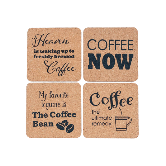 *Funny Drink Coasters for Coffee, 4 Pack Cork Cup Pads, Cool Table Mat for Hot Cappuccino or Iced Drink, Cute Modern Desk Mug Holder, Nook Accessories Gift for Drinker, Protects Wood or Stone Bench