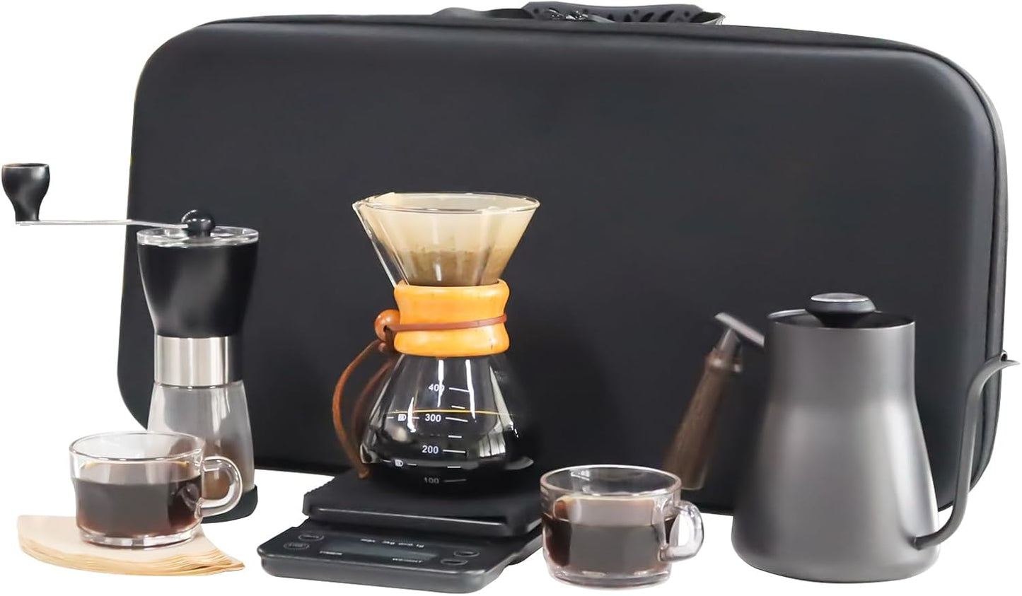 Pour over Coffee Maker Set All in 1 Coffee Kits- 304 Stainless Steel Kettle with Thermometer Coffee Grinder Coffee Dripper & Server of Portable Travel Bag for Outdoor Camping