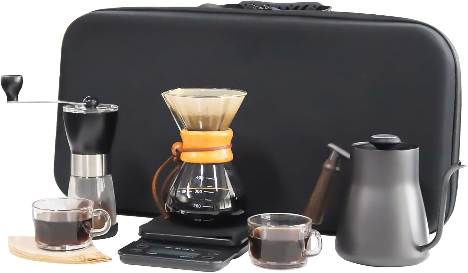 Pour over Coffee Maker Set All in 1 Coffee Kits- 304 Stainless Steel Kettle with Thermometer Coffee Grinder Coffee Dripper & Server of Portable Travel Bag for Outdoor Camping