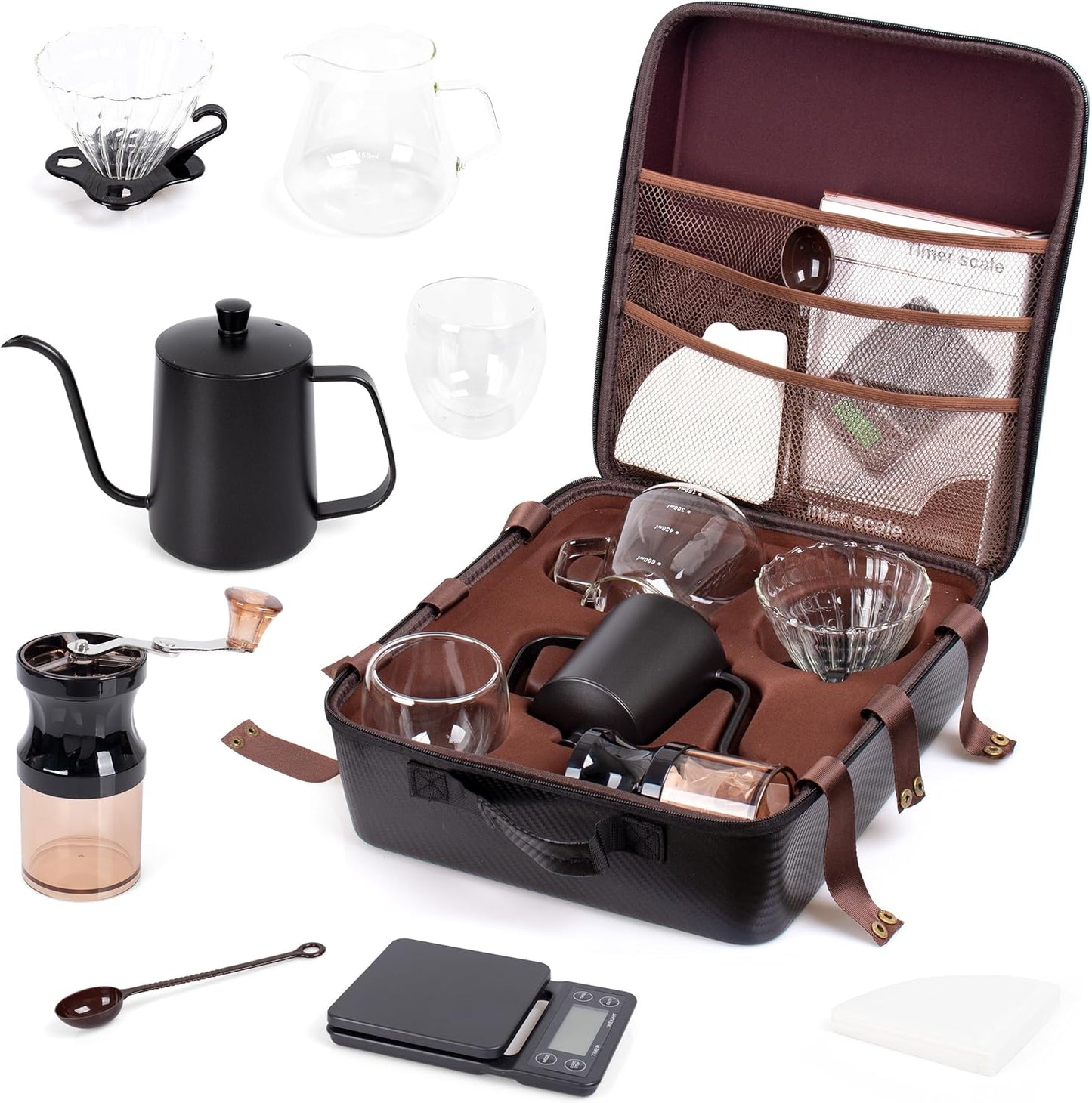 Outdoor Travel Coffee Gift Set with Goose Neck Kettle Digital Scale Walled Glass Mug Glass Server Manual Grinder Glass Dipper 100 Pcs Paper Filter and Scope for Drip