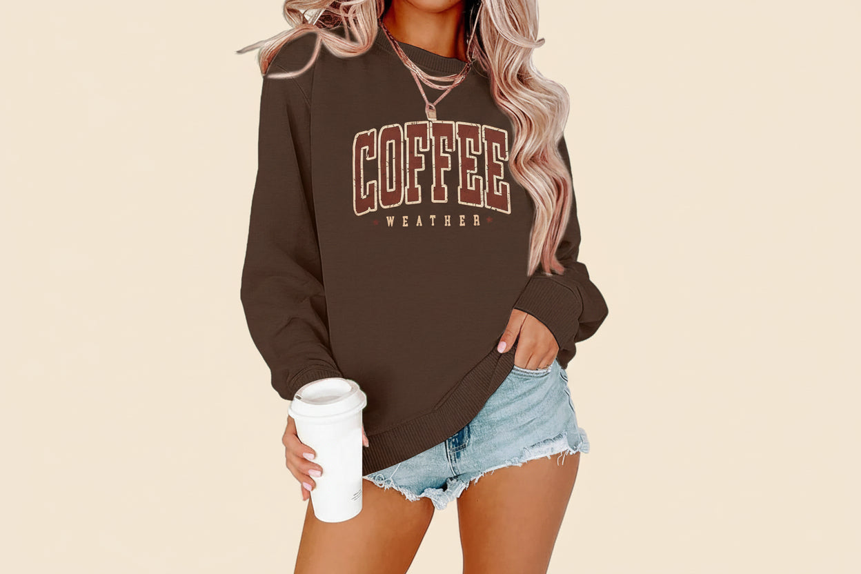 Coffee Sweatshirt for Women Coffee Weather Crewneck Sweatshirt Casual Autumn Fall Long Sleeve Shirt