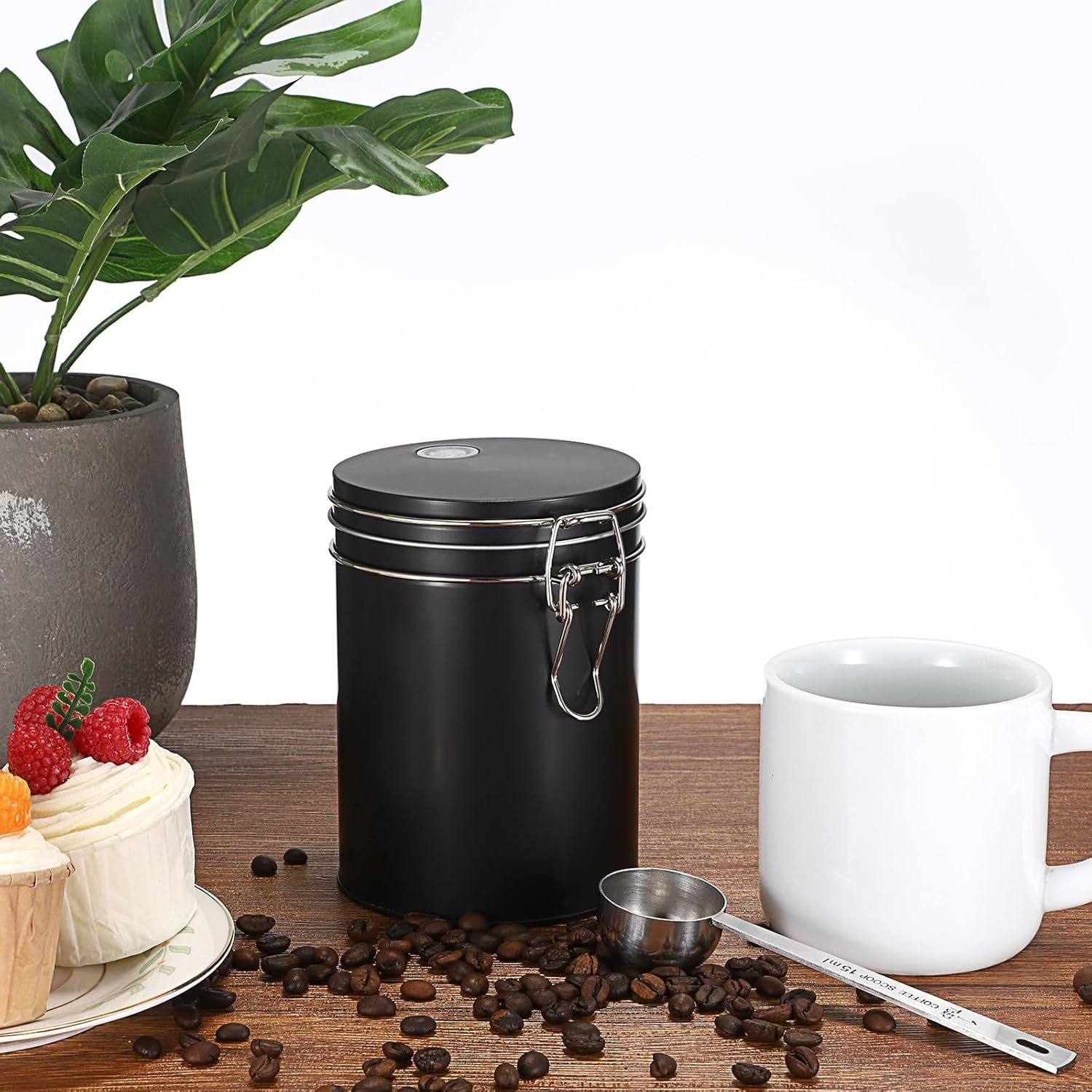 Set of 2 Metal Coffee Canisters with Airtight Lids and Handle Shelf, Black Coffee Bar Storage Jar Sets with Spoon, Metal Canisters for Coffee Bean, Ground Coffee, Sugar, Each 700Ml / 23.67Oz