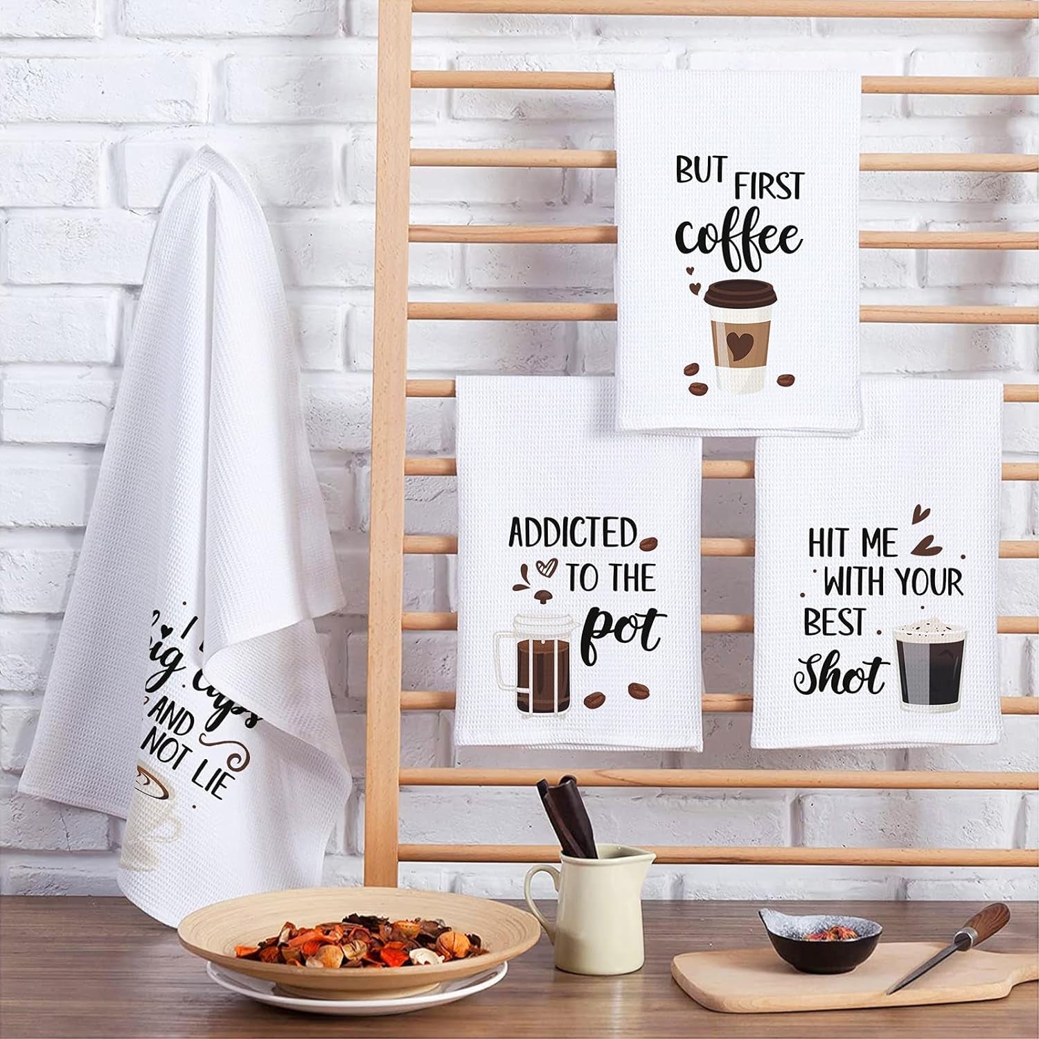 Coffee Kitchen Towels Funny Dish Towels Coffee Bar Decor Set of 4 - Decorative Waffle Towels，Funny Hostess Gift,Housewarming Gift,Wedding Shower Gift,Gifts for Mom
