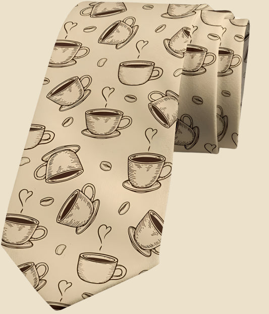 Necktie, Sketchy Coffee Cups Beans, 3.7", Beige Brown