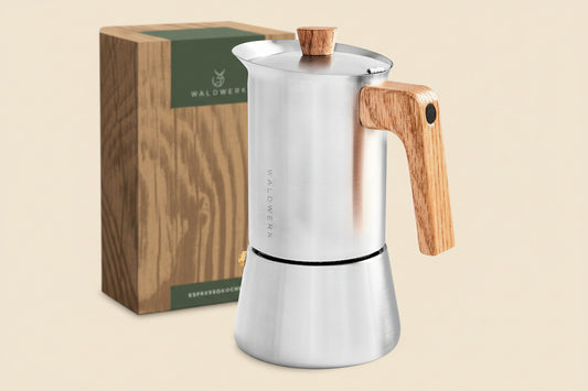 WALDWERK Stainless Steel Moka Pot (10Oz) - Toxic Free Moka Pot with Oak Wood Handle - Stovetop Espresso Maker - Italian Coffee Maker for Stovetop and Induction