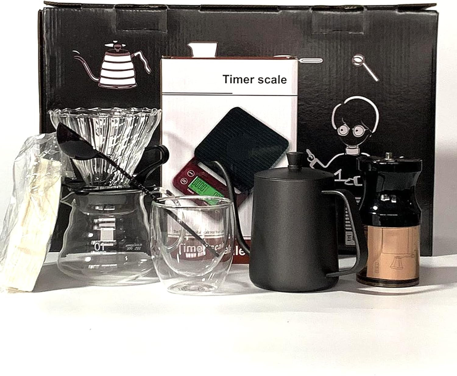 Hand Coffee Gift Set，Outdoor Camping Portable Coffee Kit Maker，Mannal Grinder, Dripper, Coffee Kettle,Glass Server, Mug&Spoon Filter and Timer Scale, Travel Bag