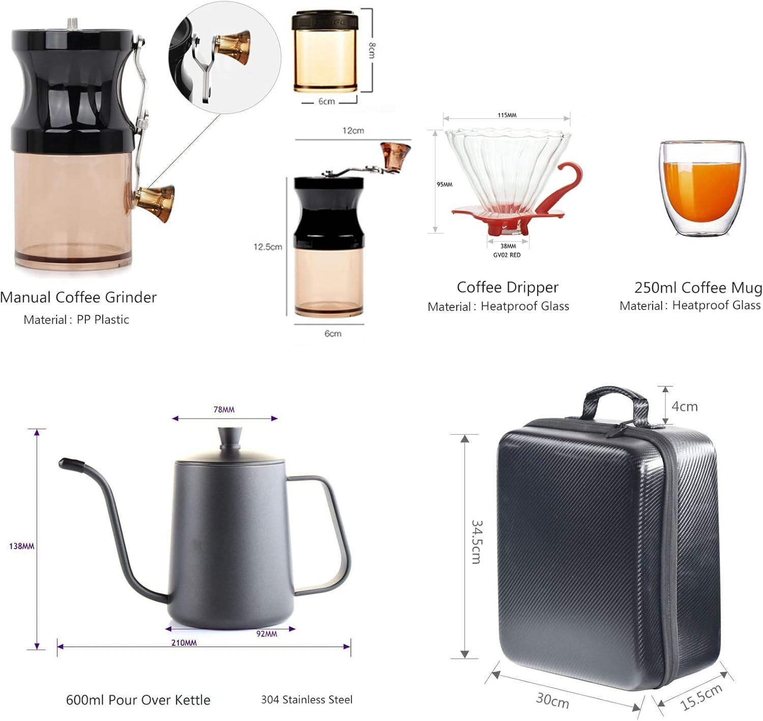 Hand Coffee Gift Set，Outdoor Camping Portable Coffee Kit Maker，Mannal Grinder, Dripper, Coffee Kettle,Glass Server, Mug&Spoon Filter and Timer Scale, Travel Bag