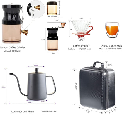 Hand Coffee Gift Set，Outdoor Camping Portable Coffee Kit Maker，Mannal Grinder, Dripper, Coffee Kettle,Glass Server, Mug&Spoon Filter and Timer Scale, Travel Bag
