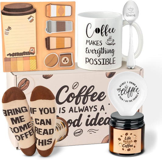 Coffee Lover Gifts  - Includes Mug Spoon Rest Holder Candle Socks Sticky Notes Set