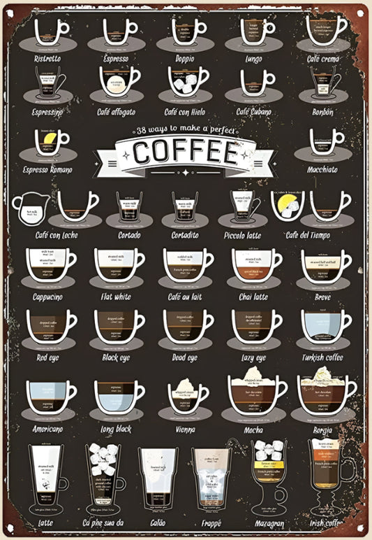 Sign for Home 44 Types of Coffee Drinks to Know & Care about Friedcoffee Metal Tin Sign Kitchen Pub Novelty Coffee Bar Club Wall Poster 12X8 Inch Yard Garden Farm Man Cave