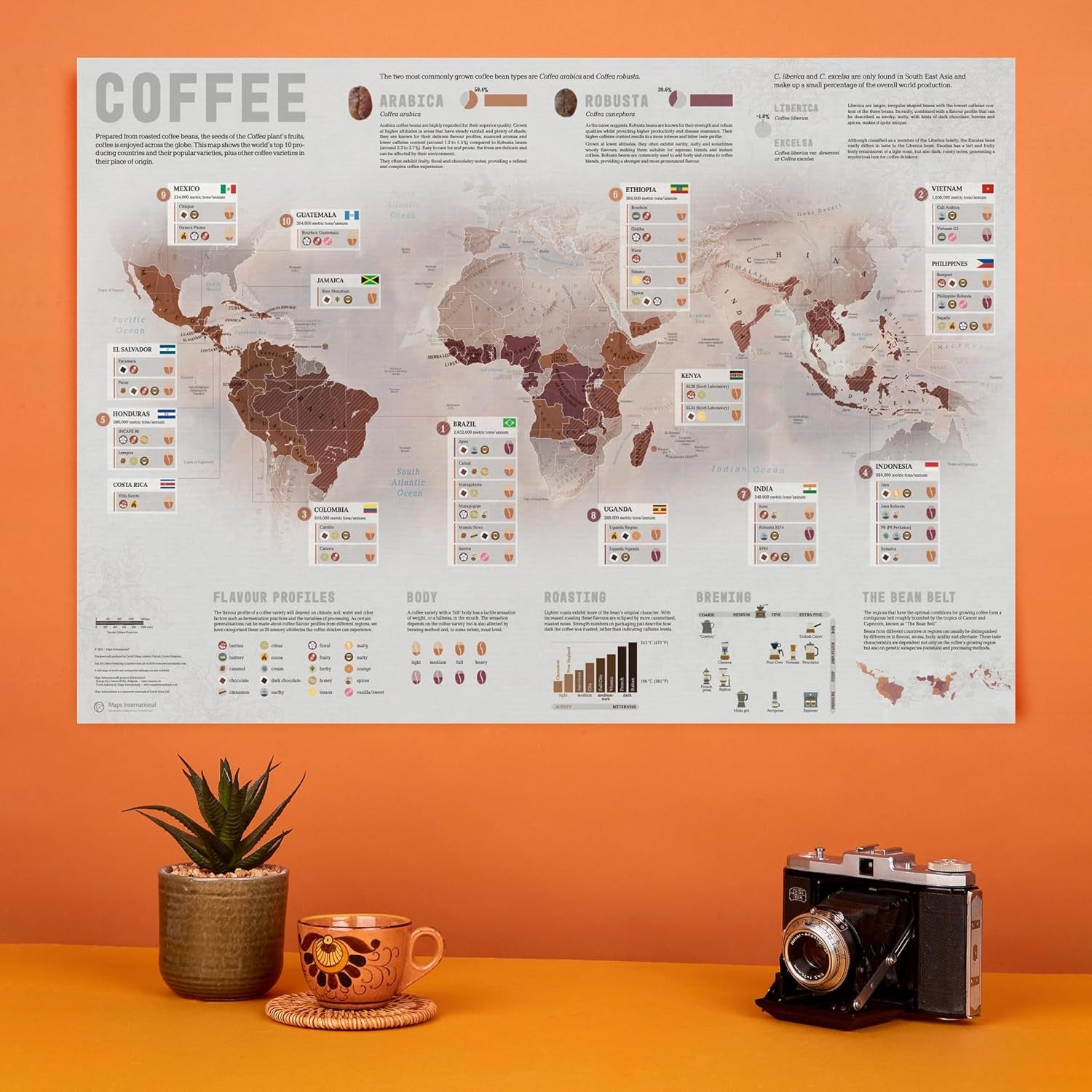 Coffee World Map - Coffee Lovers Gift Ideas - 17 X 22 Inches -
