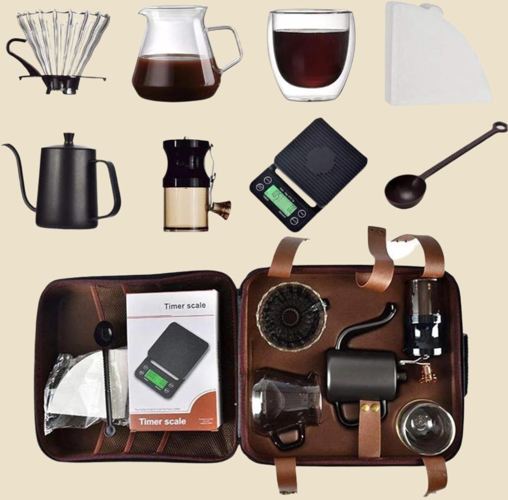Hand Coffee Gift Set，Outdoor Camping Portable Coffee Kit Maker，Mannal Grinder, Dripper, Coffee Kettle,Glass Server, Mug&Spoon Filter and Timer Scale, Travel Bag