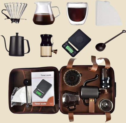 Hand Coffee Gift Set，Outdoor Camping Portable Coffee Kit Maker，Mannal Grinder, Dripper, Coffee Kettle,Glass Server, Mug&Spoon Filter and Timer Scale, Travel Bag