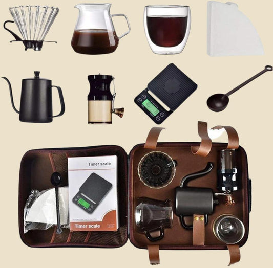 Hand Coffee Gift Set，Outdoor Camping Portable Coffee Kit Maker，Mannal Grinder, Dripper, Coffee Kettle,Glass Server, Mug&Spoon Filter and Timer Scale, Travel Bag