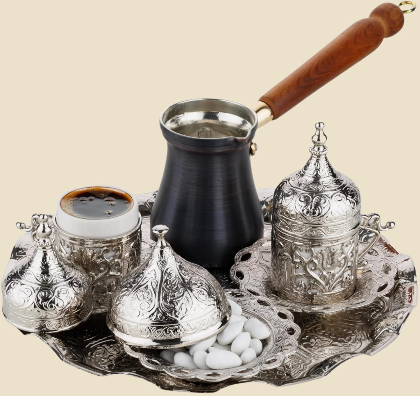 Turkish Greek Arabic Coffee Making and Serving Full Set with Cups, Saucers, Lids, Sugar Bowl, Tray and Antiqued Copper Coffee Pot, 12 Pcs (Antique Brass)
