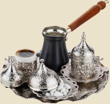 Turkish Greek Arabic Coffee Making and Serving Full Set with Cups, Saucers, Lids, Sugar Bowl, Tray and Antiqued Copper Coffee Pot, 12 Pcs (Antique Brass)
