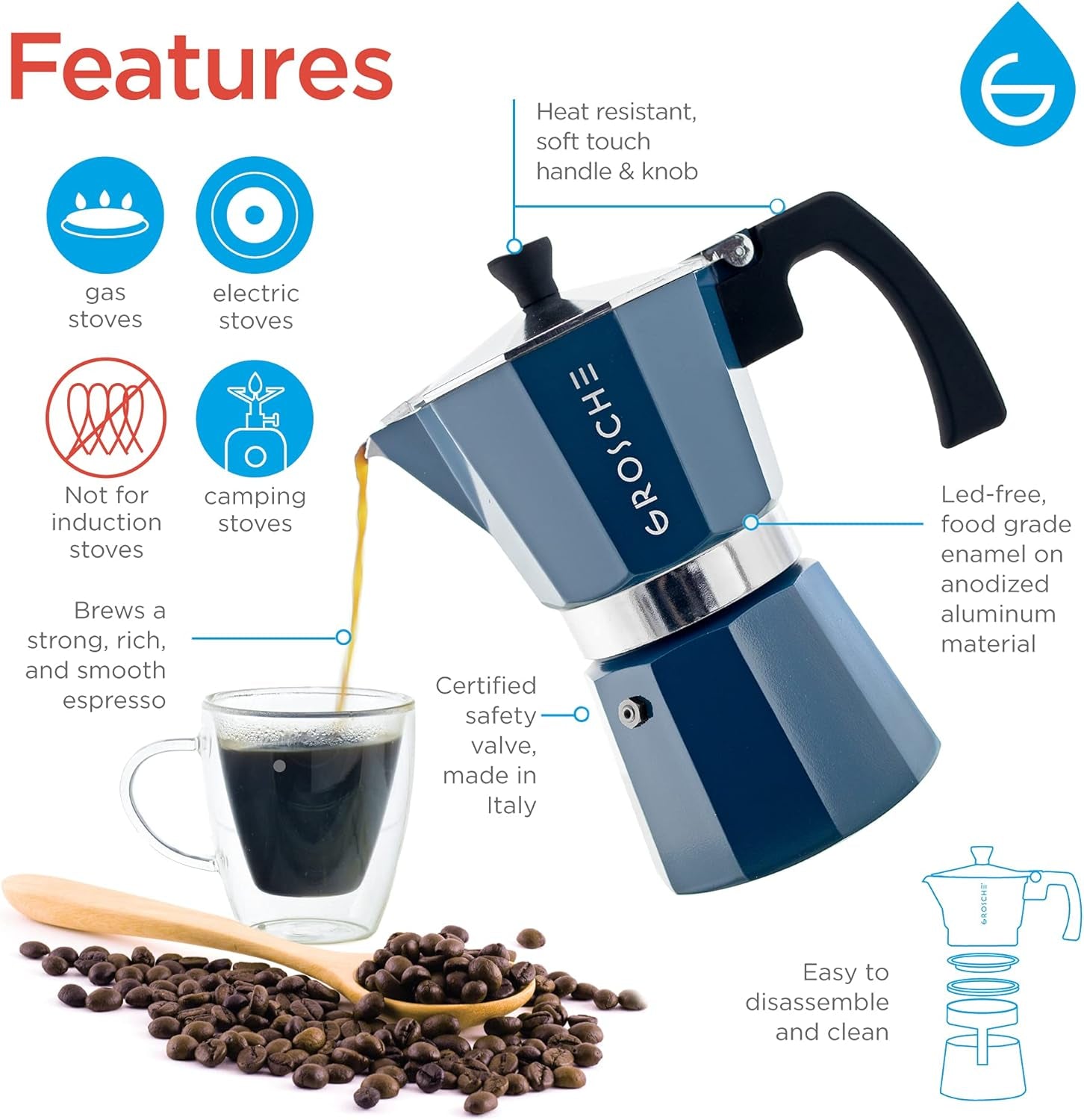 Milano Stovetop Espresso Maker Moka Pot 9 Espresso Cup, 15.2 Oz, Blue. Stove Top Coffee Maker Moka Italian Espresso Greca Coffee Maker Brewer Percolator