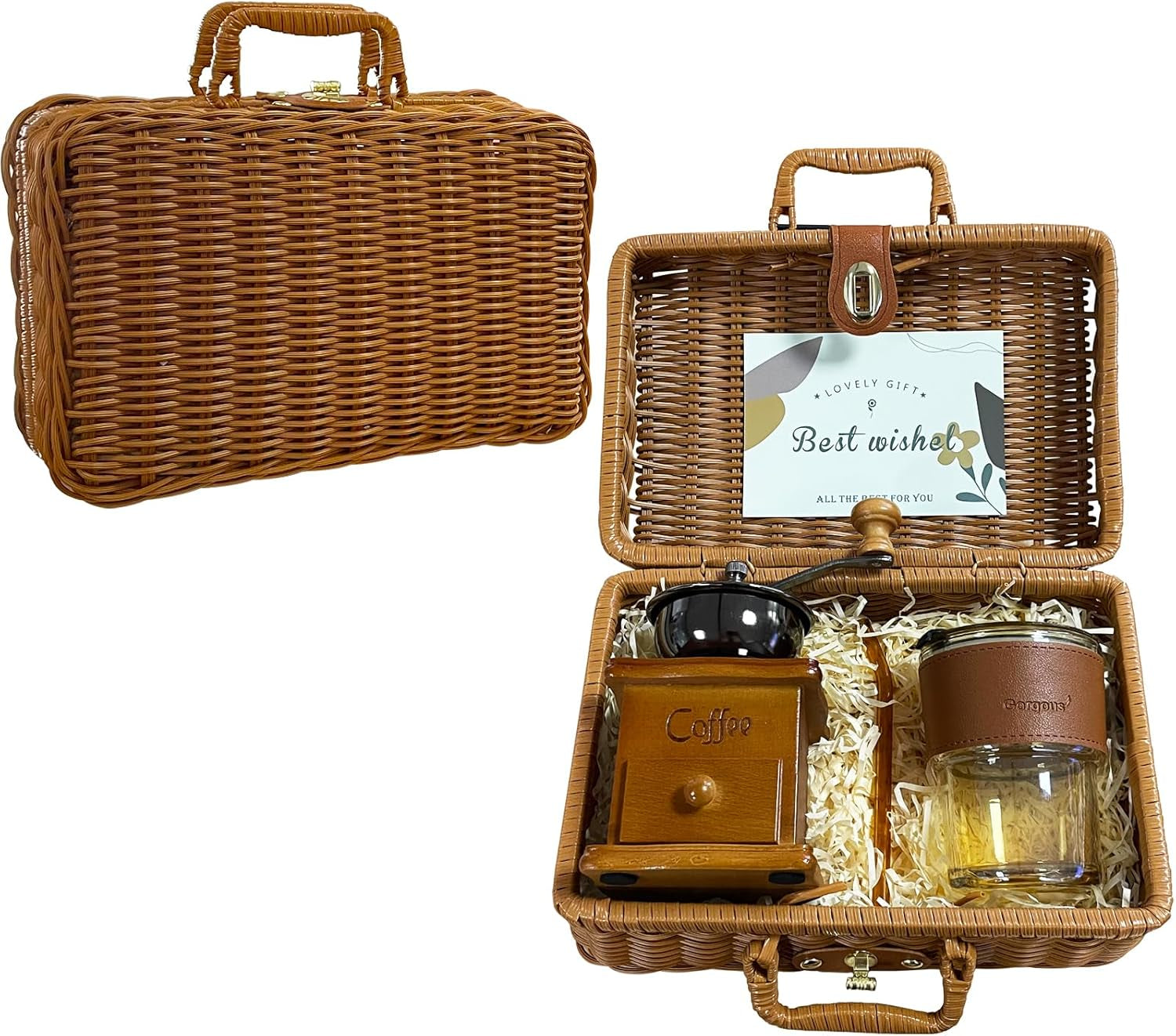 French Coffee Kit, Coffee Utensils, Manual Coffee Grinder and Self-Stirring Mug, Antique Style Coffee Gift Box, Coffee Lover Gifts, Thanksgiving Day Coffee Gift (Brown)