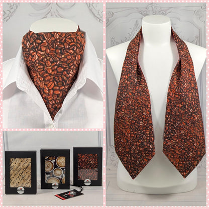 Mens Neckwear Ascot with Coffee Print, Cravat for Coffee Lovers,High Quality Cotton,Casual Necktie,Men Accessories,For Him,Valentine'S Day