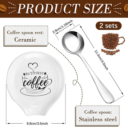 4 Pieces Coffee Spoon Rest and Spoon Funny Coffee Quote Ceramic Coffee Spoon Holder Rests for Coffee Station Decor Stove Top Countertop Kitchen Accessories Nice Present for Coffee Lovers