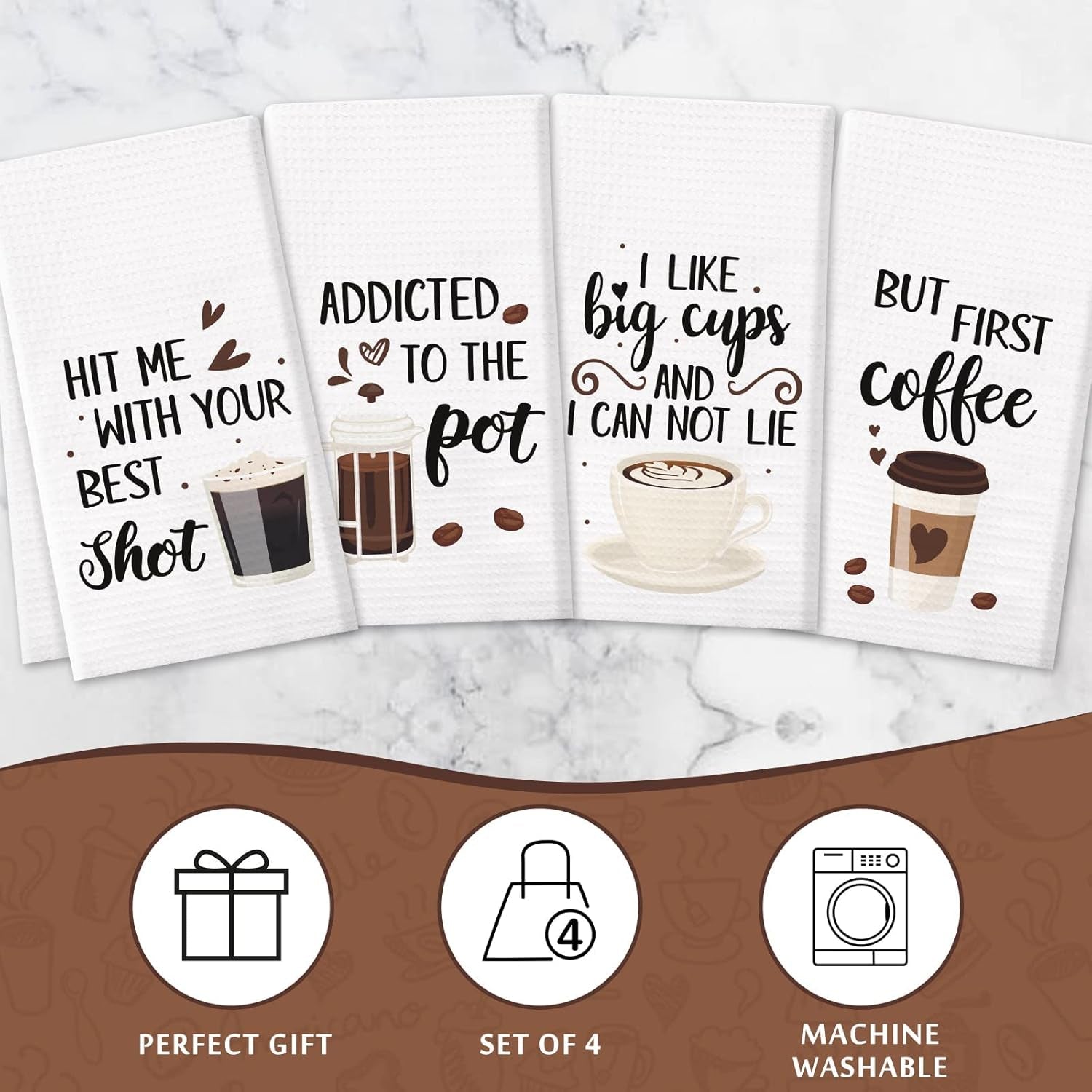 Coffee Kitchen Towels Funny Dish Towels Coffee Bar Decor Set of 4 - Decorative Waffle Towels，Funny Hostess Gift,Housewarming Gift,Wedding Shower Gift,Gifts for Mom