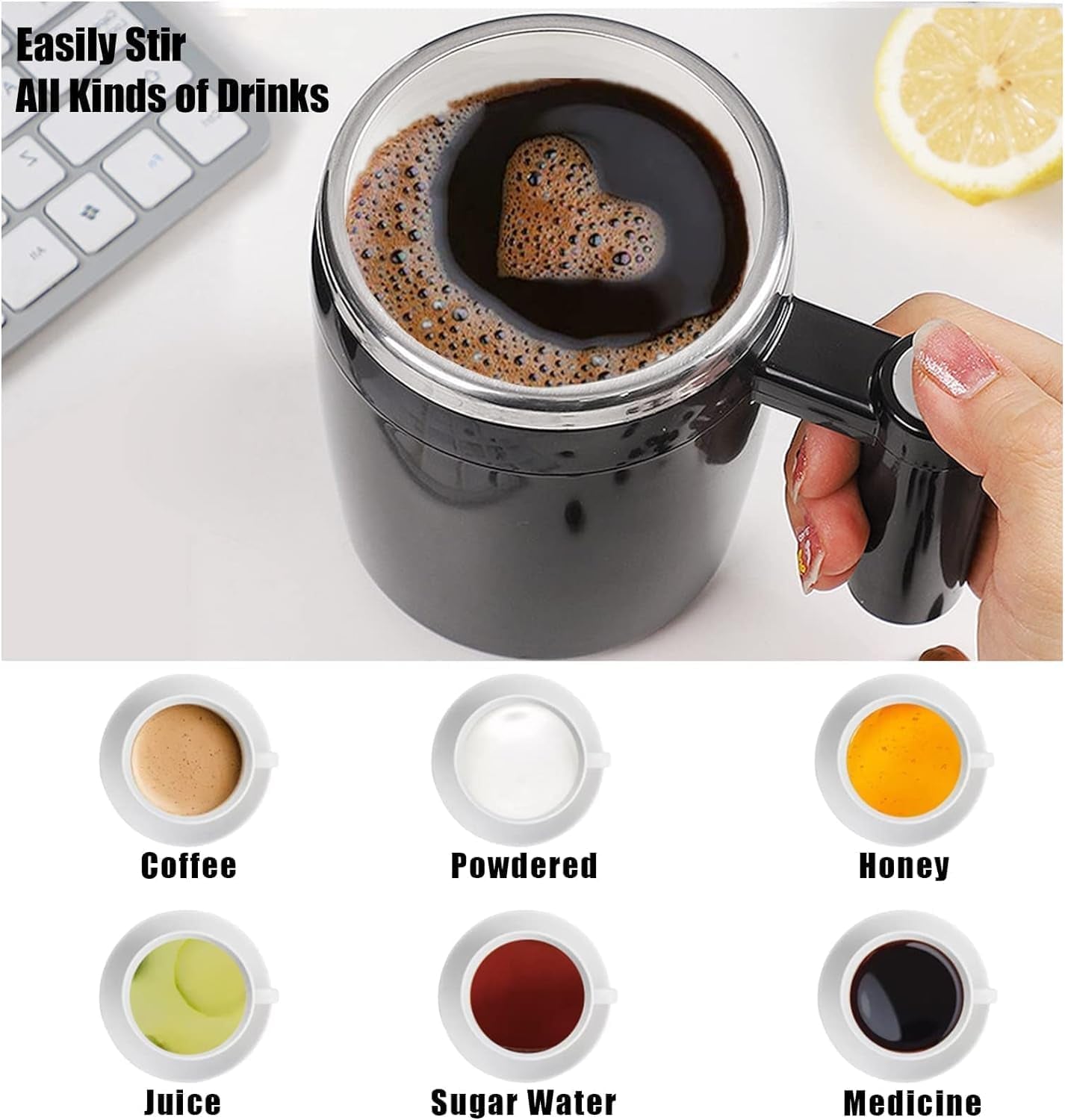 Self Stirring Mug,Rechargeable Auto Magnetic Coffee Mug with 2Pc Stir Bar,Waterproof Automatic Mixing Cup for Milk/Cocoa at Office/Kitchen/Travel 14Oz Best Gift - Black