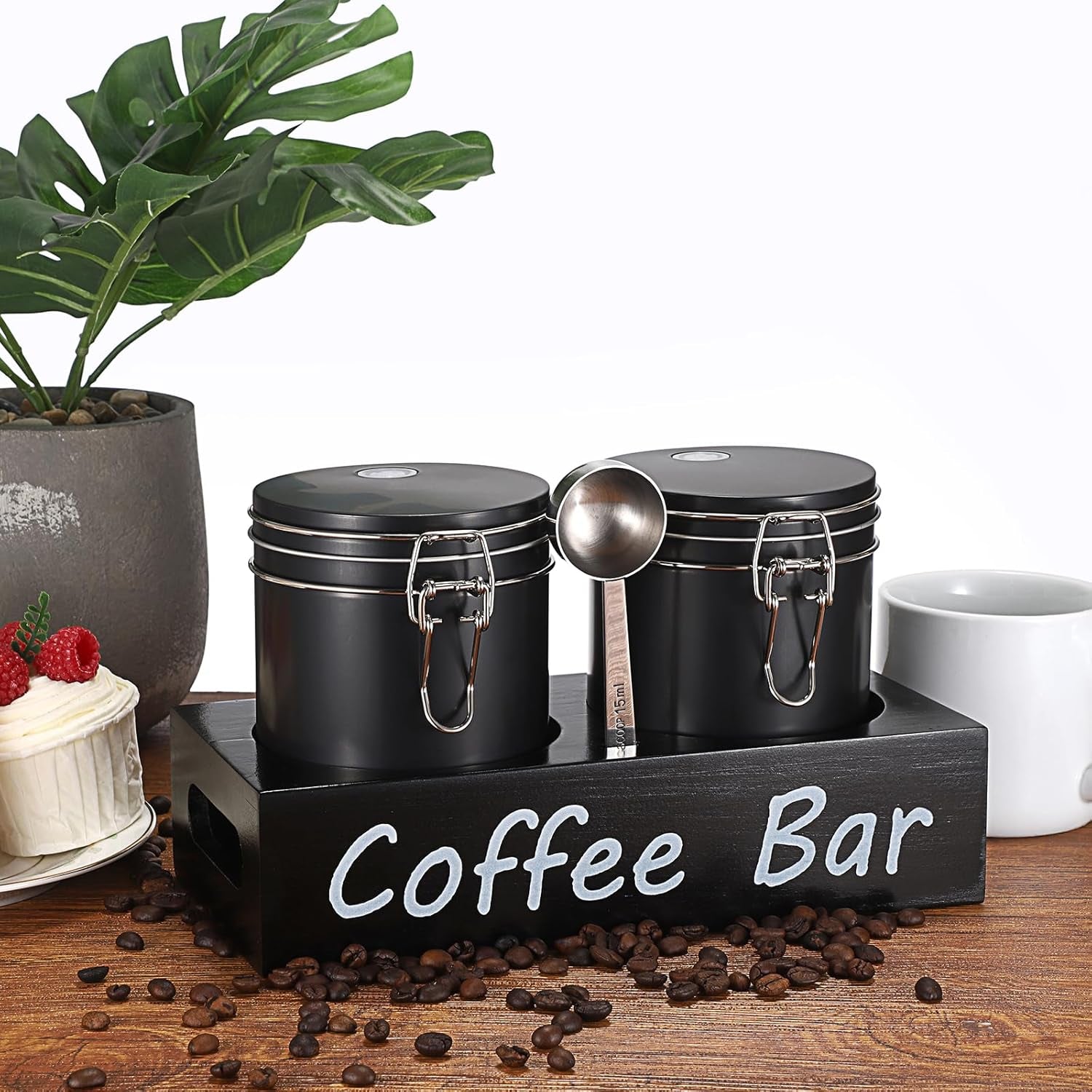 Set of 2 Metal Coffee Canisters with Airtight Lids and Handle Shelf, Black Coffee Bar Storage Jar Sets with Spoon, Metal Canisters for Coffee Bean, Ground Coffee, Sugar, Each 700Ml / 23.67Oz