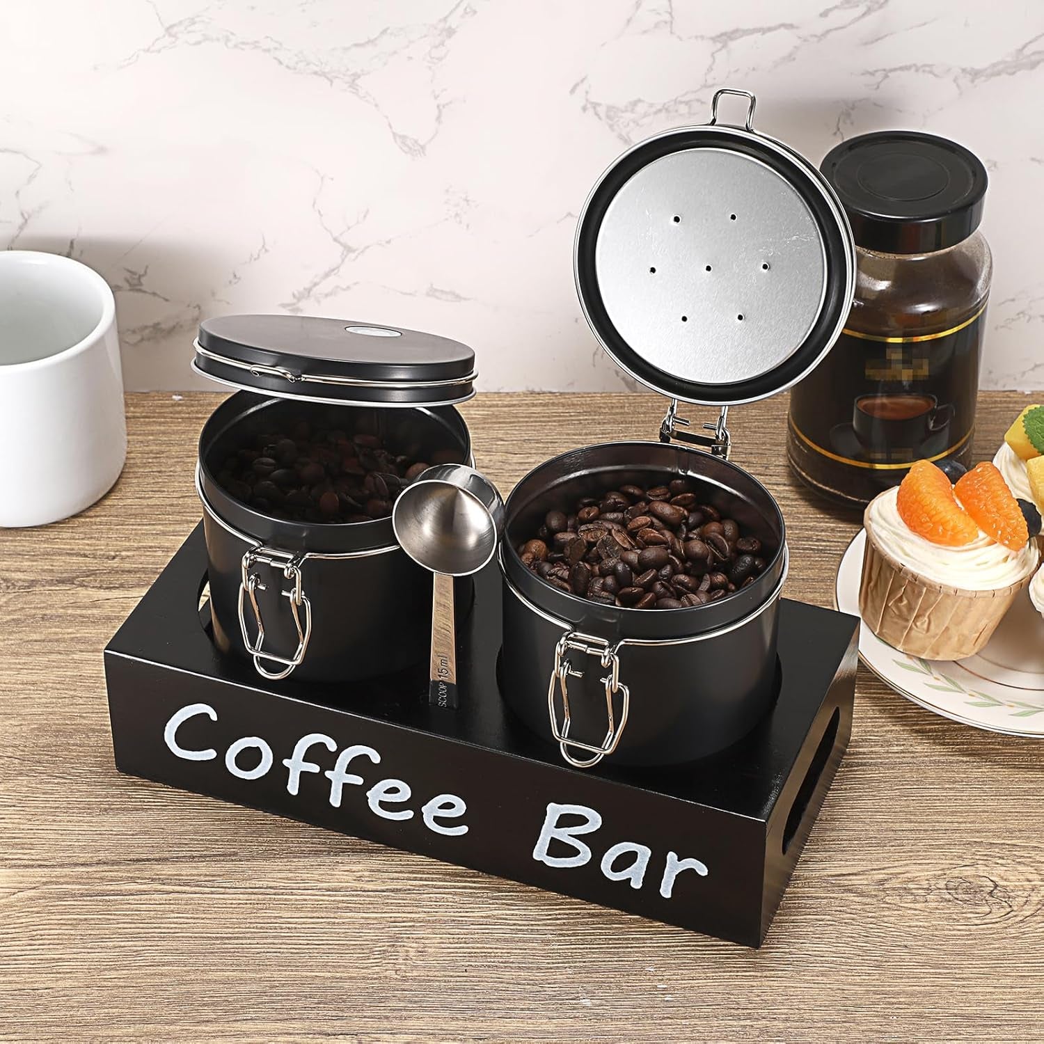 Set of 2 Metal Coffee Canisters with Airtight Lids and Handle Shelf, Black Coffee Bar Storage Jar Sets with Spoon, Metal Canisters for Coffee Bean, Ground Coffee, Sugar, Each 700Ml / 23.67Oz