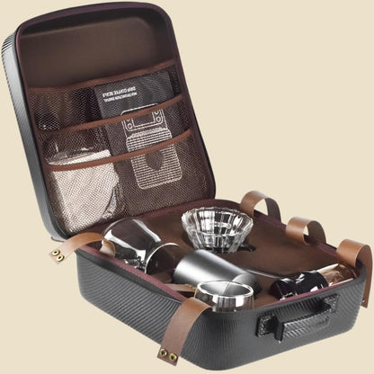 9-Piece Travel Coffee Gift Set with Goose Neck Kettle Digital Scale Double Walled Glass Mug Glass Server Manual Grinder Glass Dipper 100 Pcs Paper Filter and Scope for Drip Coffee