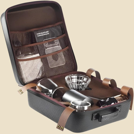 9-Piece Travel Coffee Gift Set with Goose Neck Kettle Digital Scale Double Walled Glass Mug Glass Server Manual Grinder Glass Dipper 100 Pcs Paper Filter and Scope for Drip Coffee