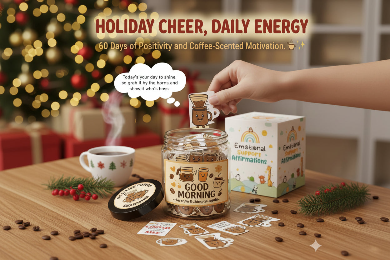 Positive Coffee Jar with 60 Affirmation Cards, Coffee Gifts for Women and Men, Dad, Mom, Coffee Themed Lover Gift, Emotional Support Latte, Cheer up Funny Gag Gifts for Best Friends, Coworkers