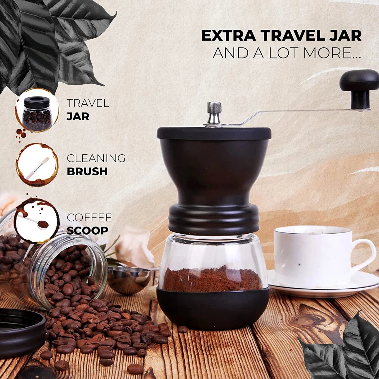 Manual Coffee Grinder with Ceramic Burr for Beans, Espresso, and Spices - Portable Hand Crank Mill with 2 Glass Jars (11Oz Each)