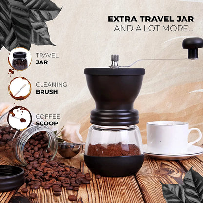 Manual Coffee Grinder with Ceramic Burr for Beans, Espresso, and Spices - Portable Hand Crank Mill with 2 Glass Jars (11Oz Each)