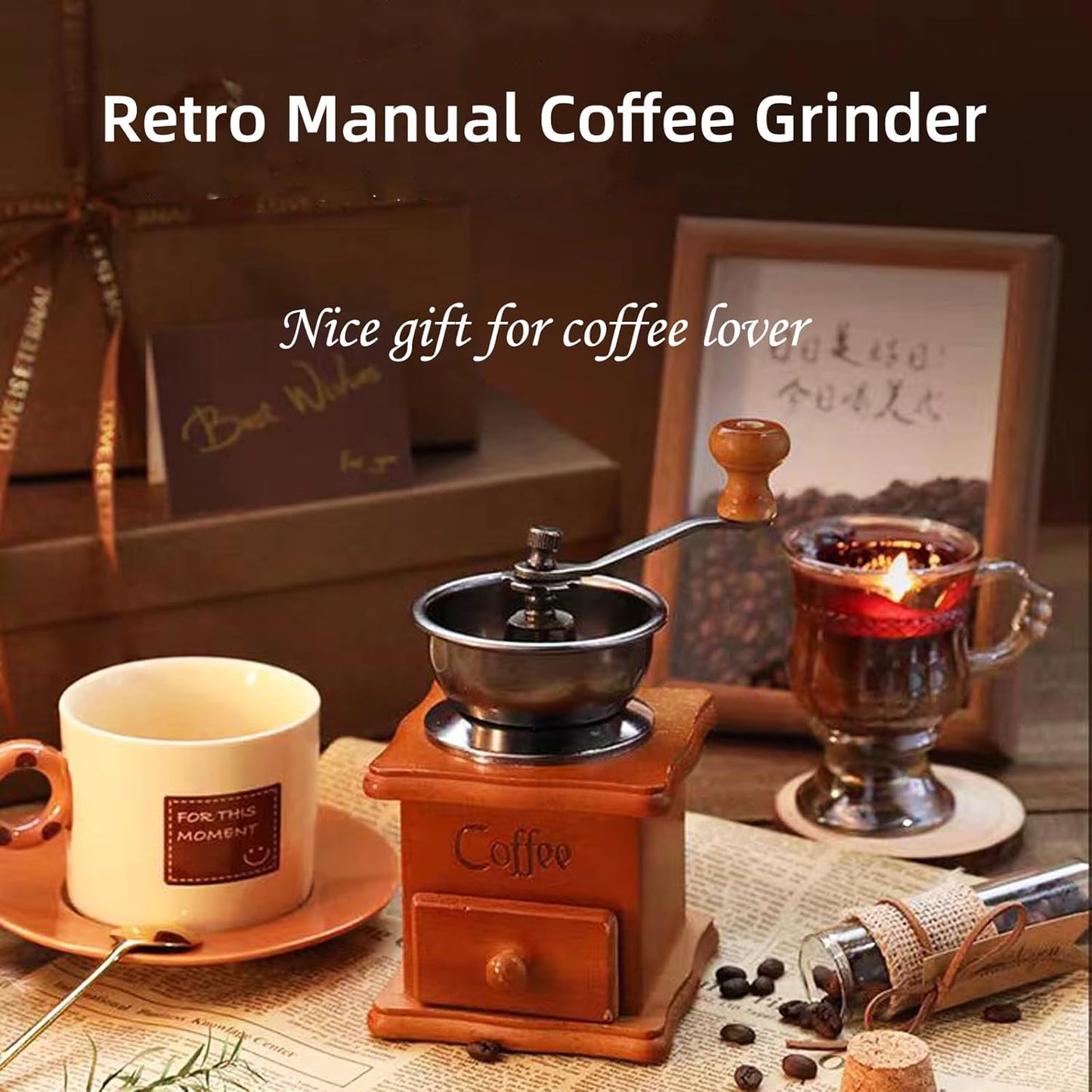 French Coffee Kit, Coffee Utensils, Manual Coffee Grinder and Self-Stirring Mug, Antique Style Coffee Gift Box, Coffee Lover Gifts, Thanksgiving Day Coffee Gift (Brown)
