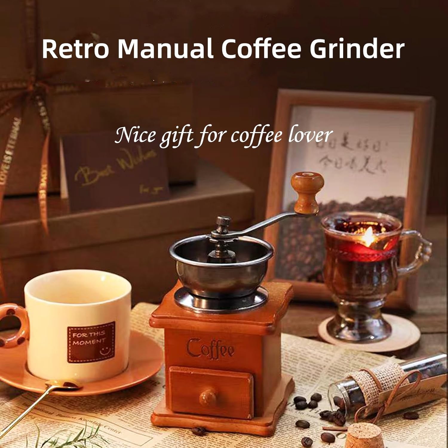 French Coffee Kit, Coffee Utensils, Manual Coffee Grinder and Self-Stirring Mug, Antique Style Coffee Gift Box, Coffee Lover Gifts, Thanksgiving Day Coffee Gift (Brown)