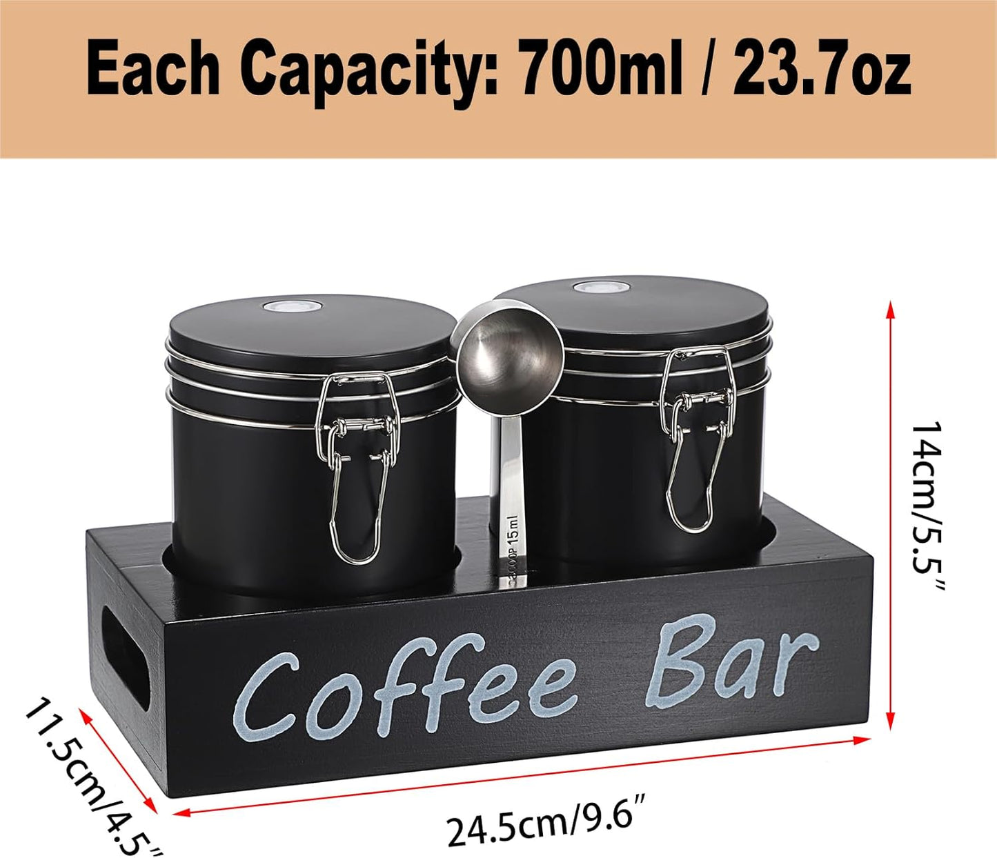 Set of 2 Metal Coffee Canisters with Airtight Lids and Handle Shelf, Black Coffee Bar Storage Jar Sets with Spoon, Metal Canisters for Coffee Bean, Ground Coffee, Sugar, Each 700Ml / 23.67Oz