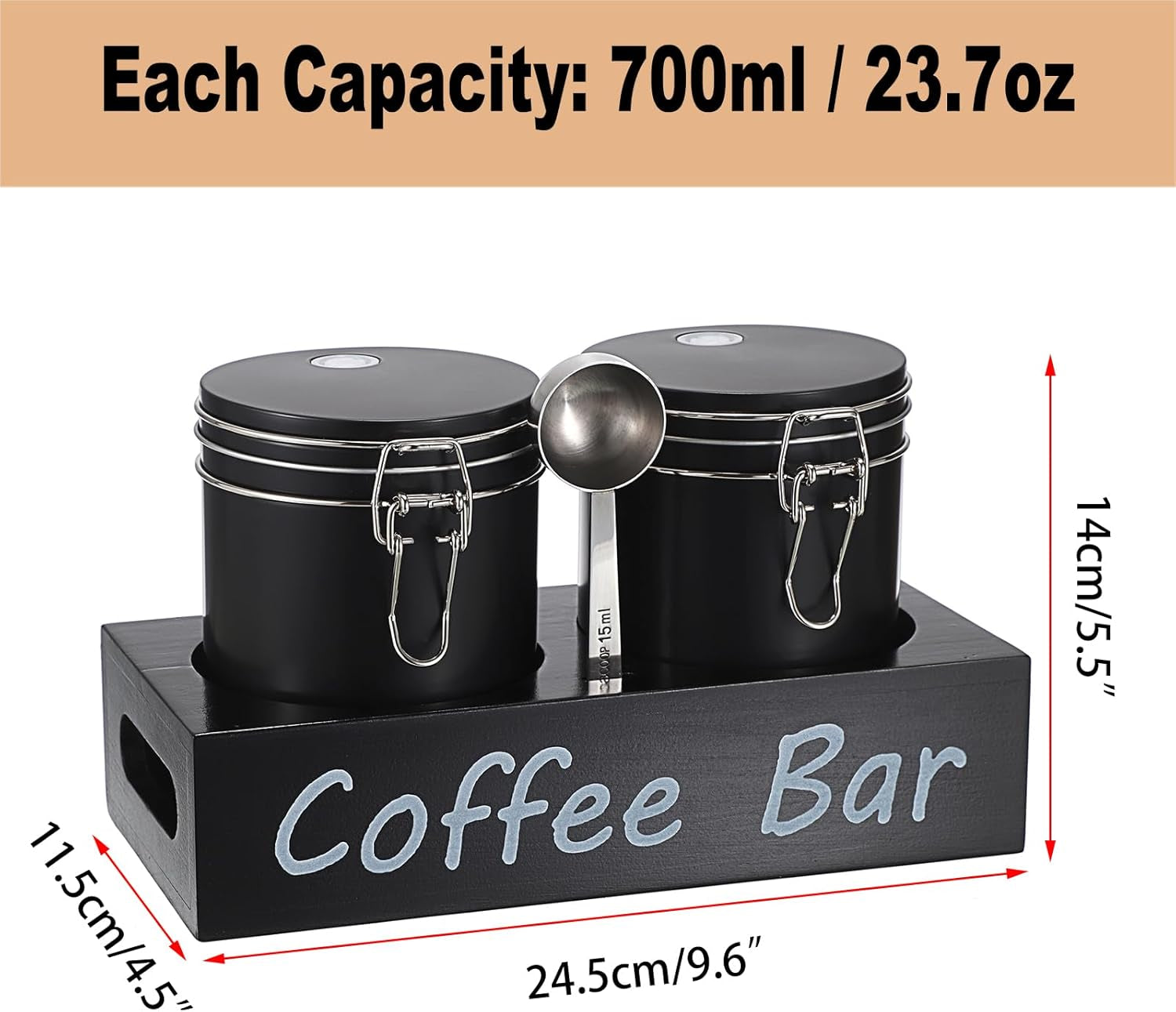 Set of 2 Metal Coffee Canisters with Airtight Lids and Handle Shelf, Black Coffee Bar Storage Jar Sets with Spoon, Metal Canisters for Coffee Bean, Ground Coffee, Sugar, Each 700Ml / 23.67Oz