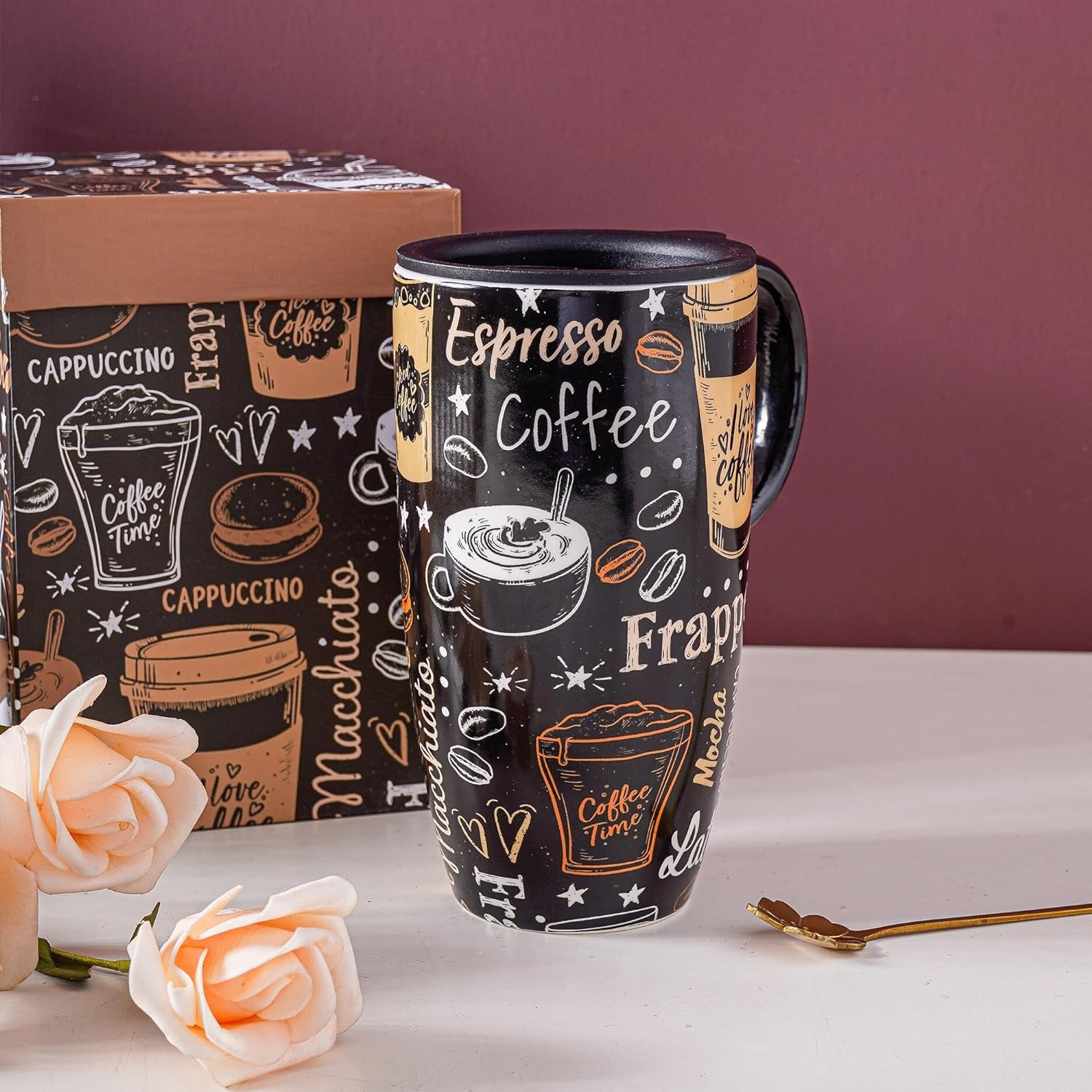 Ceramic Travel Mug with Handle Ceramic Coffee Mug Ceramic Latte Teacup in Color Box 17 Oz, Splash Resistant Lid - to Go Tumbler for Car Cup Holder, Frappe