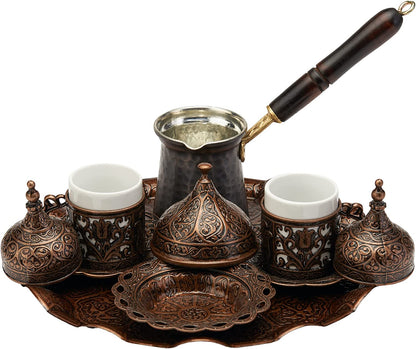 Turkish Greek Arabic Coffee Making and Serving Full Set with Cups, Saucers, Lids, Sugar Bowl, Tray and Antiqued Copper Coffee Pot, 12 Pcs (Antique Brass)
