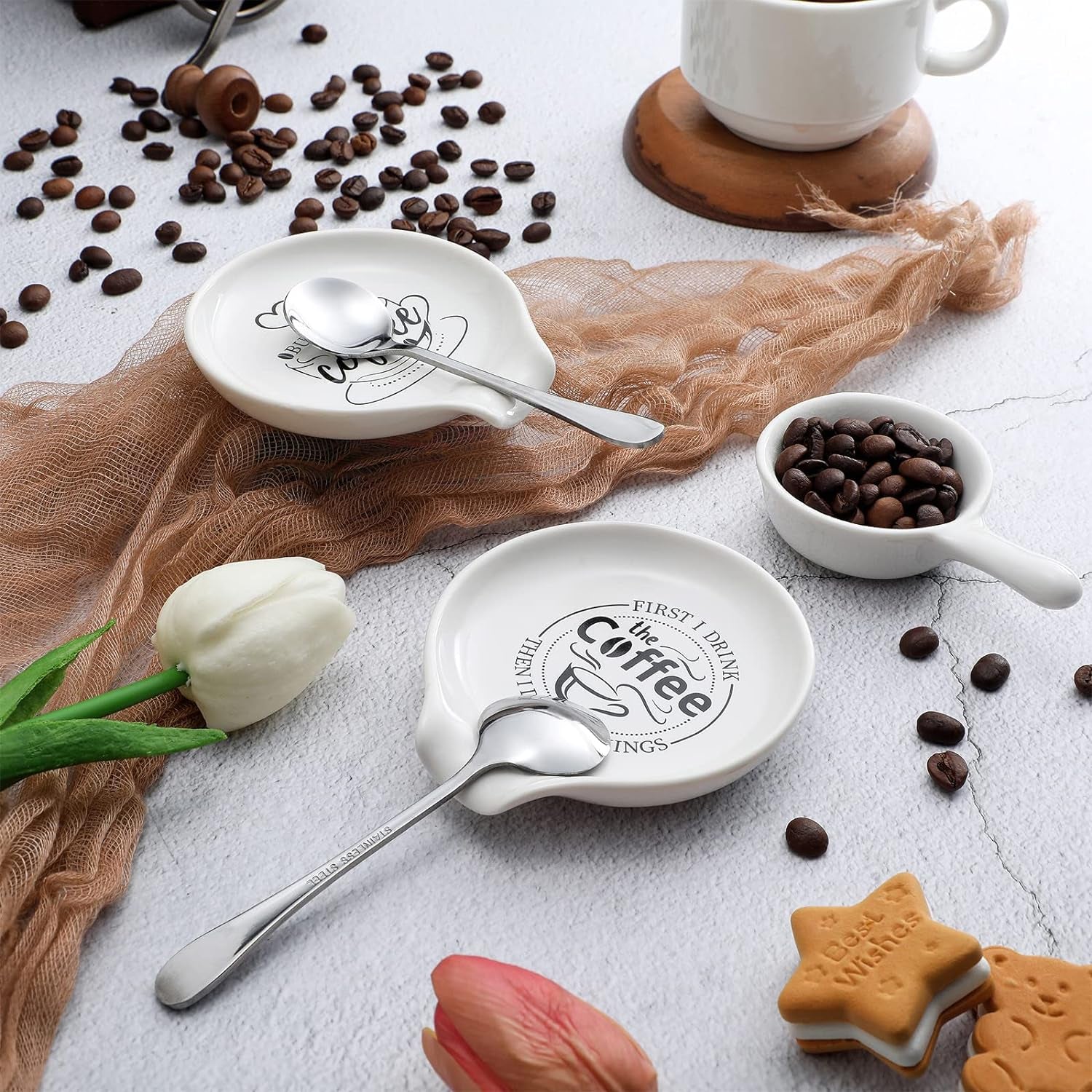 4 Pieces Coffee Spoon Rest and Spoon Funny Coffee Quote Ceramic Coffee Spoon Holder Rests for Coffee Station Decor Stove Top Countertop Kitchen Accessories Nice Present for Coffee Lovers