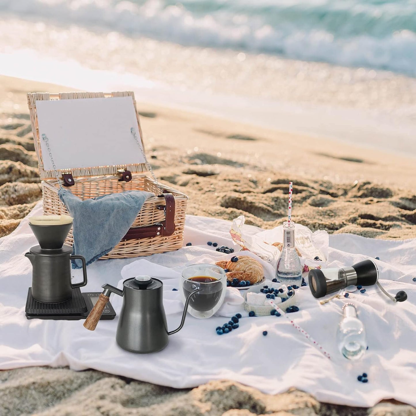 Pour over Coffee Maker Set All in 1 Coffee Kits- 304 Stainless Steel Kettle with Thermometer Coffee Grinder Coffee Dripper & Server of Portable Travel Bag for Outdoor Camping